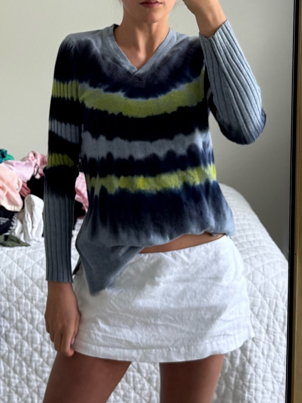 Peace of Cloth V-Neck Tie-Dye Sweater in Navy, Lime & Gray